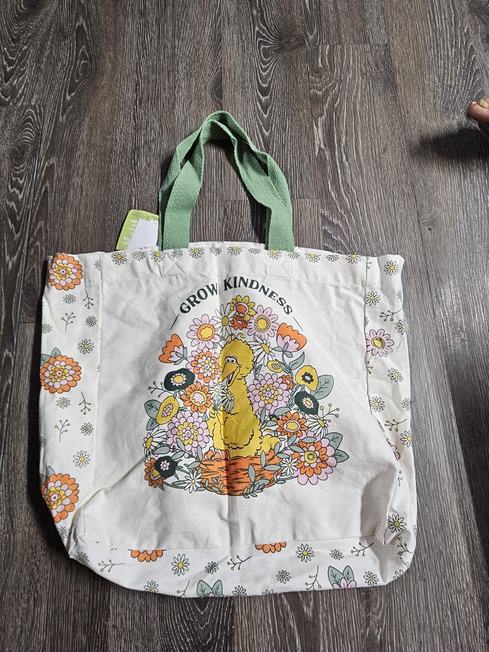 Sesame Street White Canvas Tote with Green Handles and Floral Big Bird Design